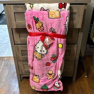 NWT 2 (TWO)HELLO KITTY PINK GINGERBREAD MAN & WHITE WREATH TREE CHRISTMAS THROWS